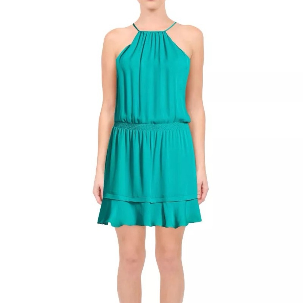 Parker Teal Green Laguna Nathan Silk Halter pleated ruched Dress.